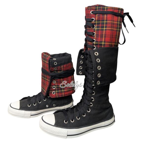 Converse Japan 2007 RARE XXHI Plaid Foldover Knee High Black Red White M4.5/W6.5 - Picture 4 of 16